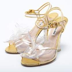 Pre Owned Miu Miu Gold Leather and PVC Flower Applique Ankle-Strap Sandals Size 36.5