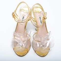 Pre Owned Miu Miu Gold Leather and PVC Flower Applique Ankle-Strap Sandals Size 36.5