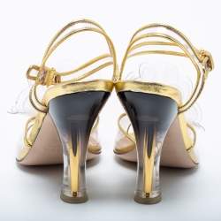 Pre Owned Miu Miu Gold Leather and PVC Flower Applique Ankle-Strap Sandals Size 36.5