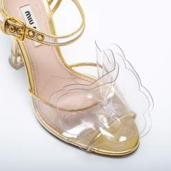 Pre Owned Miu Miu Gold Leather and PVC Flower Applique Ankle-Strap Sandals Size 36.5