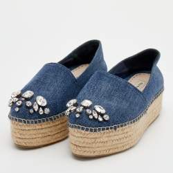 مملوكة مسبقًا Miu Miu Blue Denim Crystal Embellished Cap Toe Platform Espadrilles Size 35
