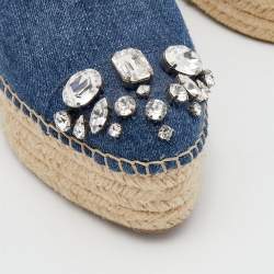 مملوكة مسبقًا Miu Miu Blue Denim Crystal Embellished Cap Toe Platform Espadrilles Size 35