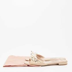 Pre Owned Miu Miu Beige Patent Leather Pearl Embellished Flats Size 37.5
