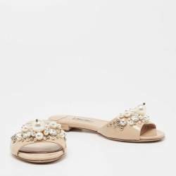 Pre Owned Miu Miu Beige Patent Leather Pearl Embellished Flats Size 37.5