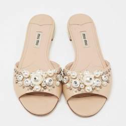 Pre Owned Miu Miu Beige Patent Leather Pearl Embellished Flats Size 37.5