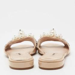 Pre Owned Miu Miu Beige Patent Leather Pearl Embellished Flats Size 37.5