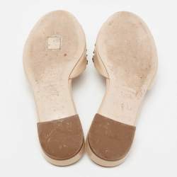 Pre Owned Miu Miu Beige Patent Leather Pearl Embellished Flats Size 37.5