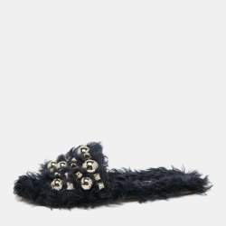 Miu Miu Navy Blue Fur Embellished Flat Slides Size 37.5