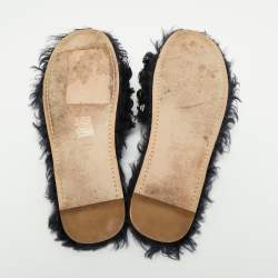 Miu Miu Navy Blue Fur Embellished Flat Slides Size 37.5