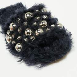 Miu Miu Navy Blue Fur Embellished Flat Slides Size 37.5