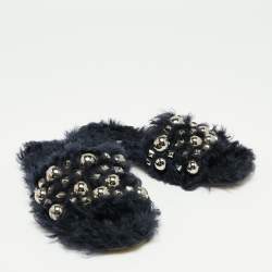 Miu Miu Navy Blue Fur Embellished Flat Slides Size 37.5