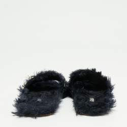 Miu Miu Navy Blue Fur Embellished Flat Slides Size 37.5