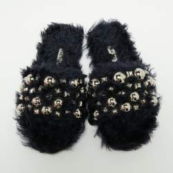 Miu Miu Navy Blue Fur Embellished Flat Slides Size 37.5