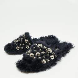 Miu Miu Navy Blue Fur Embellished Flat Slides Size 37.5