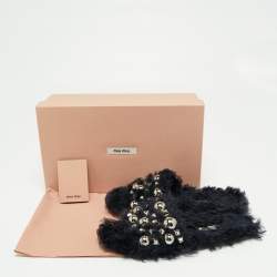Miu Miu Navy Blue Fur Embellished Flat Slides Size 37.5