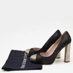 Miu Miu Black/Gold Calf Hair And Glitter Cap Toe Block Heel Pumps Size 37.5