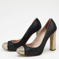 Miu Miu Black/Gold Calf Hair And Glitter Cap Toe Block Heel Pumps Size 37.5