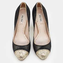 Miu Miu Black/Gold Calf Hair And Glitter Cap Toe Block Heel Pumps Size 37.5
