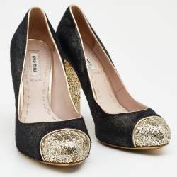 Miu Miu Black/Gold Calf Hair And Glitter Cap Toe Block Heel Pumps Size 37.5