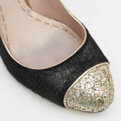 Miu Miu Black/Gold Calf Hair And Glitter Cap Toe Block Heel Pumps Size 37.5