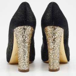 Miu Miu Black/Gold Calf Hair And Glitter Cap Toe Block Heel Pumps Size 37.5