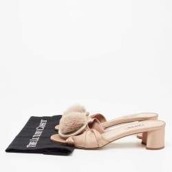 Miu Miu Beige Pleated Satin Pom Pom Slide Sandals Size 40
