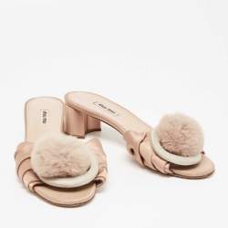 Miu Miu Beige Pleated Satin Pom Pom Slide Sandals Size 40
