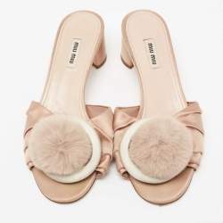 Miu Miu Beige Pleated Satin Pom Pom Slide Sandals Size 40