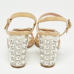 Miu Miu Beige Patent Leather Crystal Embellished Heel Ankle Strap Sandals Size 36.5