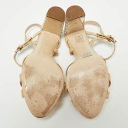 Miu Miu Beige Patent Leather Crystal Embellished Heel Ankle Strap Sandals Size 36.5