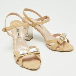 Miu Miu Beige Patent Leather Crystal Embellished Heel Ankle Strap Sandals Size 36.5