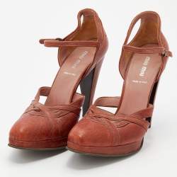 Miu Miu Burnt Orange Leather Ankle Strap Platform Sandals Size 40