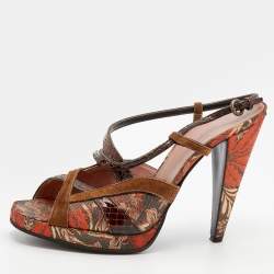 Miu Miu Multicolor Brocade And Python Strappy Slingback Sandals Size 39.5