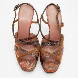 Miu Miu Multicolor Brocade And Python Strappy Slingback Sandals Size 39.5
