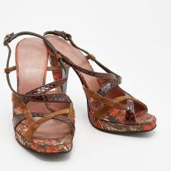 Miu Miu Multicolor Brocade And Python Strappy Slingback Sandals Size 39.5