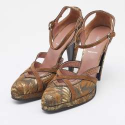 Miu Miu Brown/Gold Brocade Fabric And Python Trim D'orsay Ankle Strap Pumps Size 40