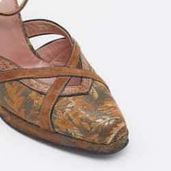 Miu Miu Brown/Gold Brocade Fabric And Python Trim D'orsay Ankle Strap Pumps Size 40