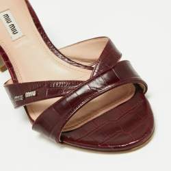 Pre Owned Miu Miu Burgundy Croc Embossed Leather Crystal Embellished Heel Slide Sandals Size 39.5