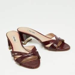 Pre Owned Miu Miu Burgundy Croc Embossed Leather Crystal Embellished Heel Slide Sandals Size 39.5