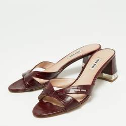 Pre Owned Miu Miu Burgundy Croc Embossed Leather Crystal Embellished Heel Slide Sandals Size 39.5
