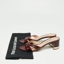 Pre Owned Miu Miu Burgundy Croc Embossed Leather Crystal Embellished Heel Slide Sandals Size 39.5