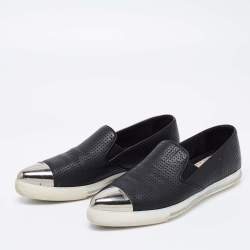 Miu Miu Black Perforated Leather Metal Cap Toe  Sneakers Size 38