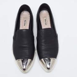 Miu Miu Black Perforated Leather Metal Cap Toe  Sneakers Size 38