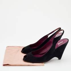 Miu Miu Black Suede Wedge Peep Toe Slingback Sandals Size 40.5