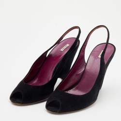 Miu Miu Black Suede Wedge Peep Toe Slingback Sandals Size 40.5