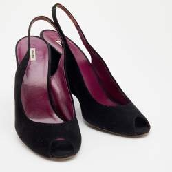 Miu Miu Black Suede Wedge Peep Toe Slingback Sandals Size 40.5