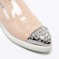 Miu Miu Beige Patent Embellished Cap Toe Slip On Sneakers Size 38