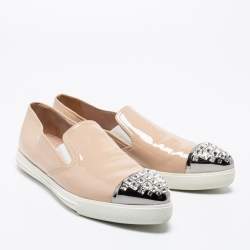 Miu Miu Beige Patent Embellished Cap Toe Slip On Sneakers Size 38