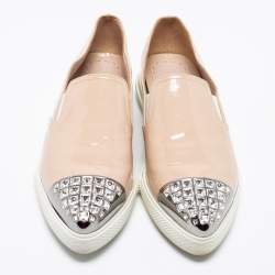 Miu Miu Beige Patent Embellished Cap Toe Slip On Sneakers Size 38