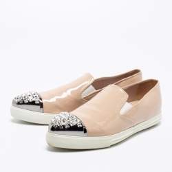 Miu Miu Beige Patent Embellished Cap Toe Slip On Sneakers Size 38